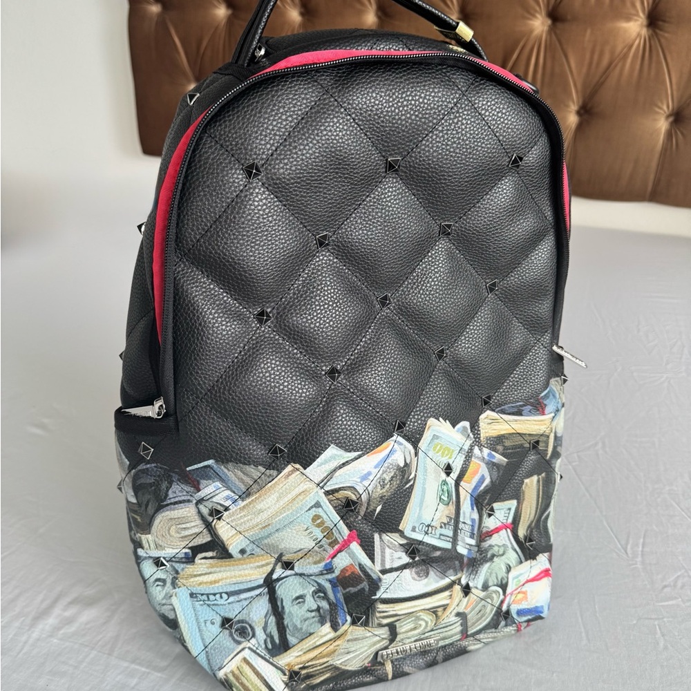 Black Quilted Backpack with Money Print